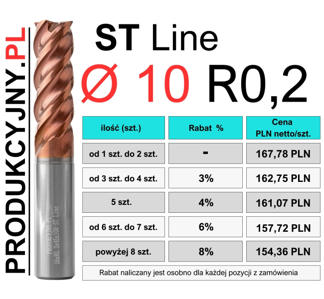 Frez z promieniem naroża fi 10 R0,2 ST LINE